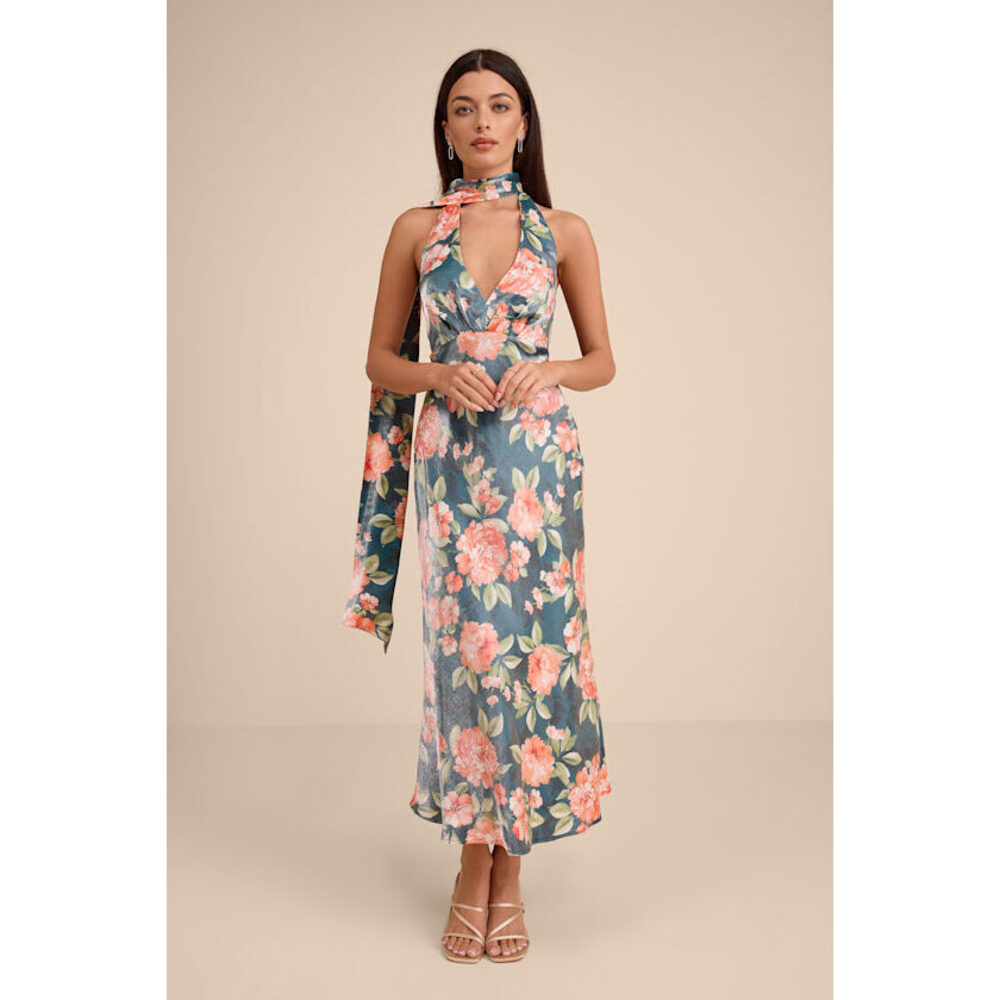 Lulus Malani Dark Teal Floral Satin Sash Midi Dress Blue - Size L